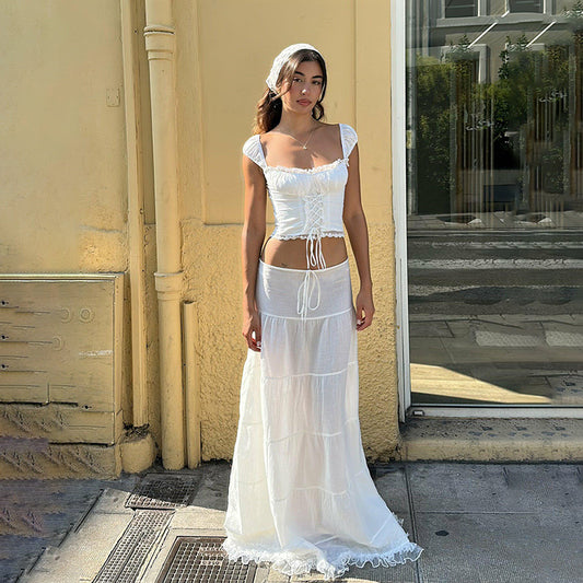 Summer New Women's Square Collar Halter On The Dress With Lace Patchwork Skirt Holiday Style Suit Woman