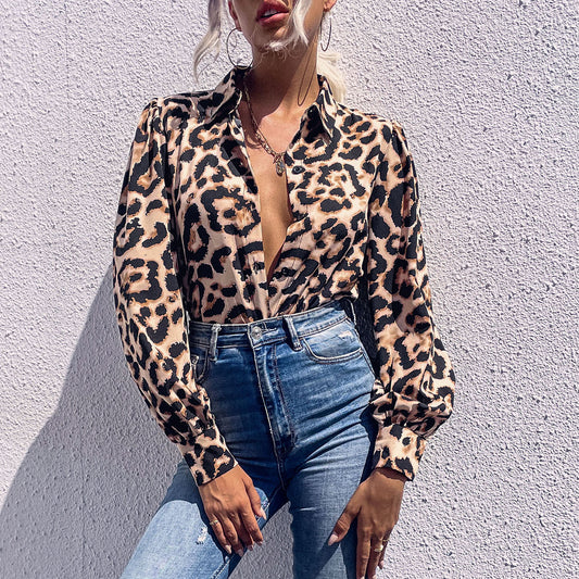 New Style Shirt Street Long Sleeve Lapel Leopard Print Shirt Woman