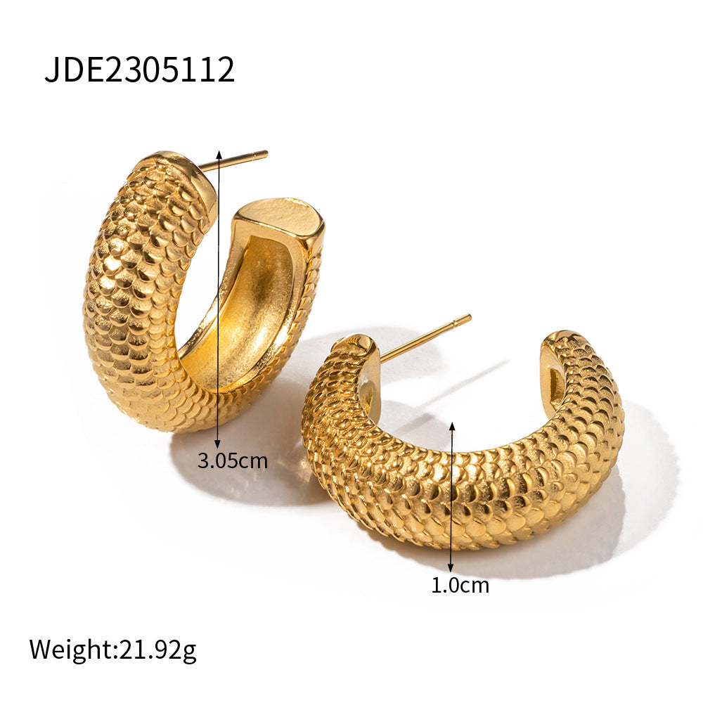 5pcs 18K Real Gold Stainless Steel Thick Cylindrical Fish Scale Shaped C Earrings Do Not Fade Color Jewelry