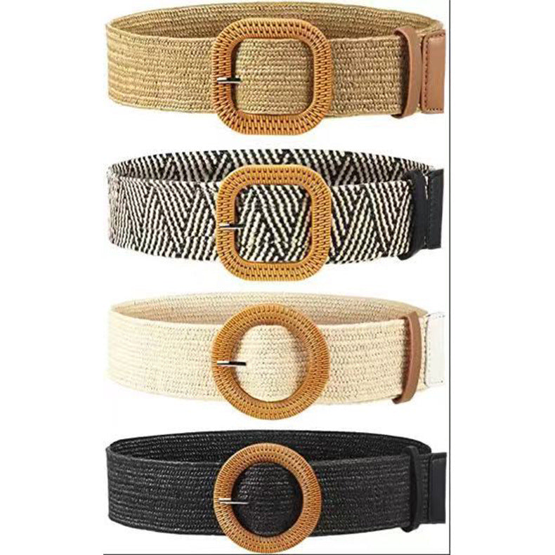 Cotton Hemp Wind Pp Grass Woven Belt For Women Round Square Buckle Dress Gown Decoration Belt