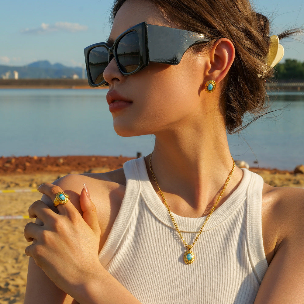 5pcs New Titanium Steel Earrings 18K Gold Stainless Steel Turquoise Hammer With Turquoise Stud Earrings