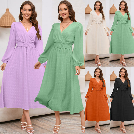 Women's Dress V-Neck Long Sleeve Jacquard Dress Autumn And Winter New Burst
