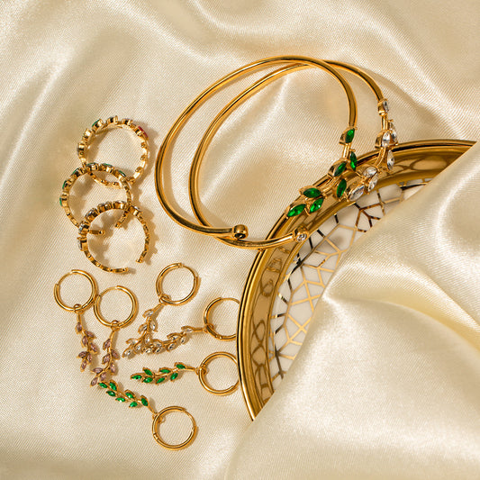 5pcs New Titanium Steel Ring 18K Gold Stainless Steel Leaf Shape Inlaid With Colored Zircon Ring Jewelry
