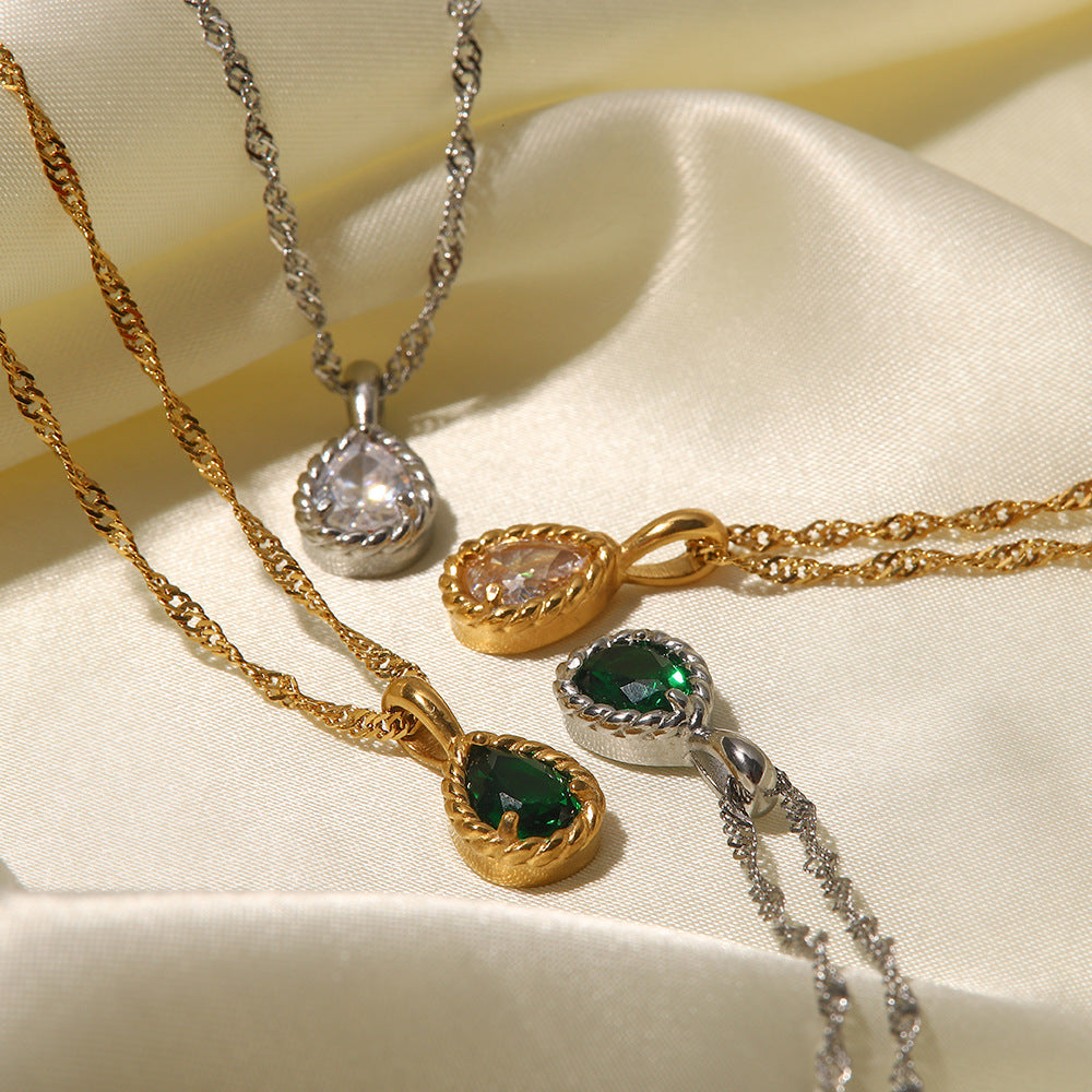 5pcs 18K Gold Plated Stainless Steel Twist Chain Inlaid With Green/Color/White Zircon Drop Pendant Necklace For Women