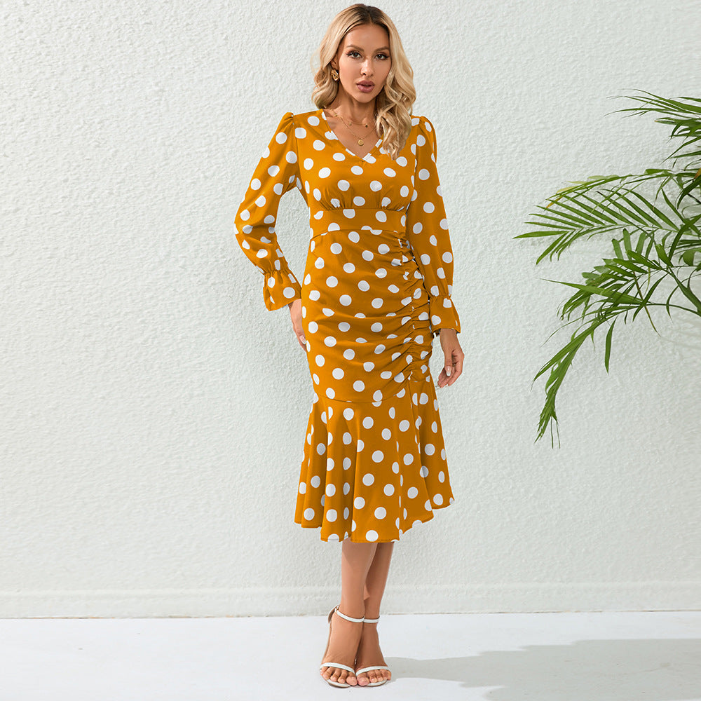 Sexy Polka Dot V-Neck Long-Sleeved Dress Pleated Fishtail Skirt Slim Temperament Long Skirt Women Plus Size