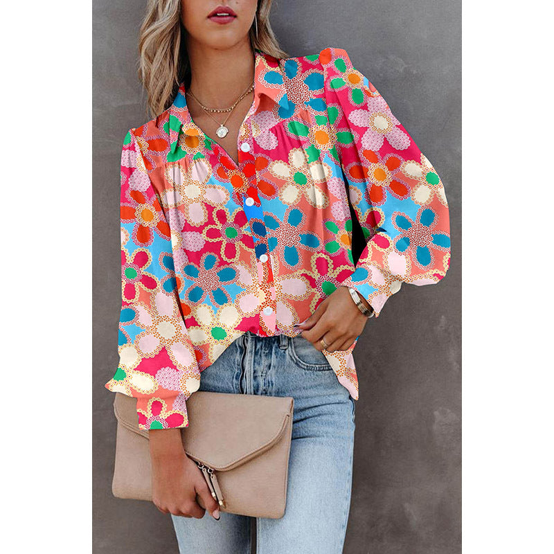 Autumn New Multi-Color Bubble Sleeve Shirt Women Thin Loose Flower Print Long Sleeve Blouse Women
