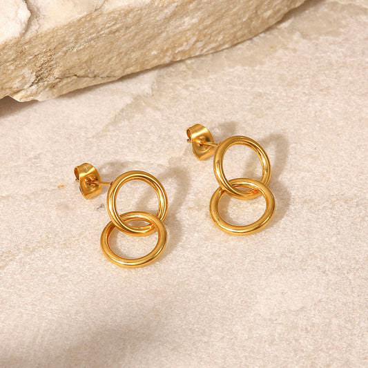 5pcs Titanium Steel Ring Earrings Women's 18K Gold Stainless Steel Double Ring Pendant Earrings Geometric Earring Accessories