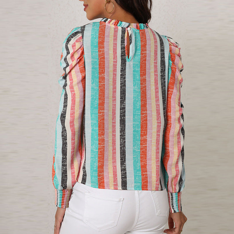 Thin Simple Striped Chiffon Shirt Women's New Autumn Pullover Round Neck Long Sleeve Blouse Women