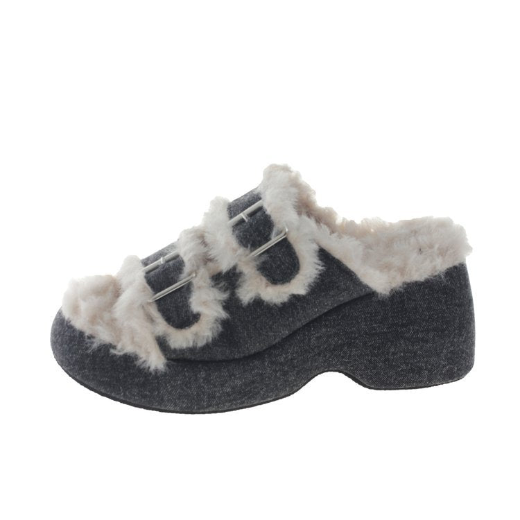 Wedge Heel Thick Sole Woolly Slippers Autumn/Winter Cowboy Belt Buckle Office Casual Warm Plush Cotton Slippers