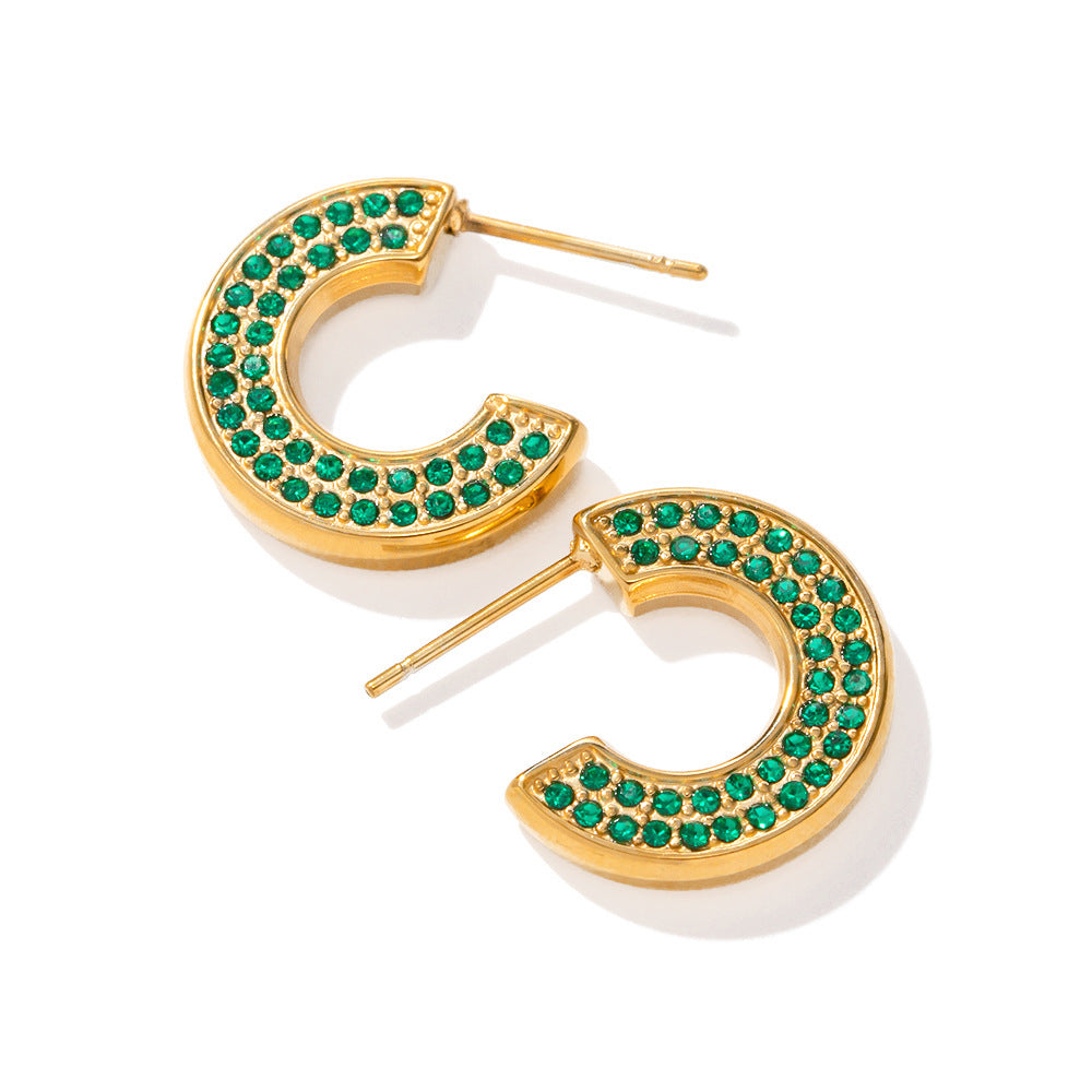 5pcs New All-Match 16K Gold Stainless Steel C Shape Green Zircon Earrings Fashion Earrings