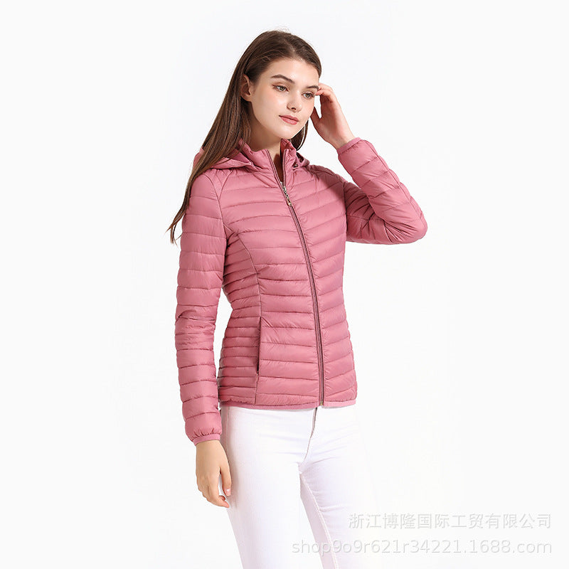 Women's Autumn And Winter Zipper Temperament Commuter Boutique Short With Hat Can Be Detachable Solid Color Stand Collar Light Cotton Jacket