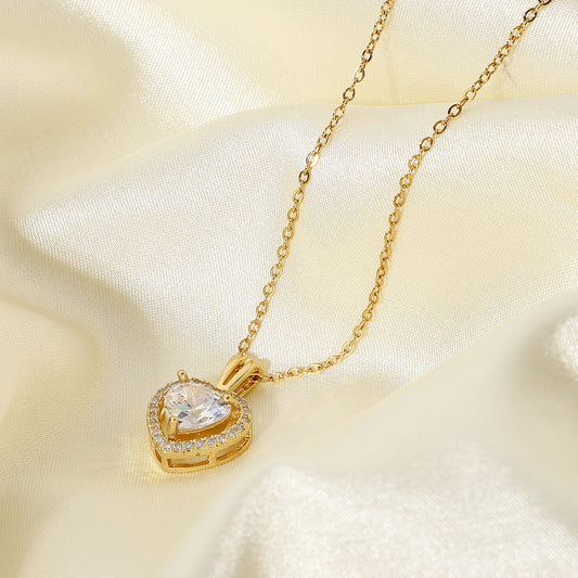 5pcs Exquisite Women's Wedding Jewelry Stainless Steel Gold Large Single Shiny Crystal Heart Pendant Engagement Necklace For Women