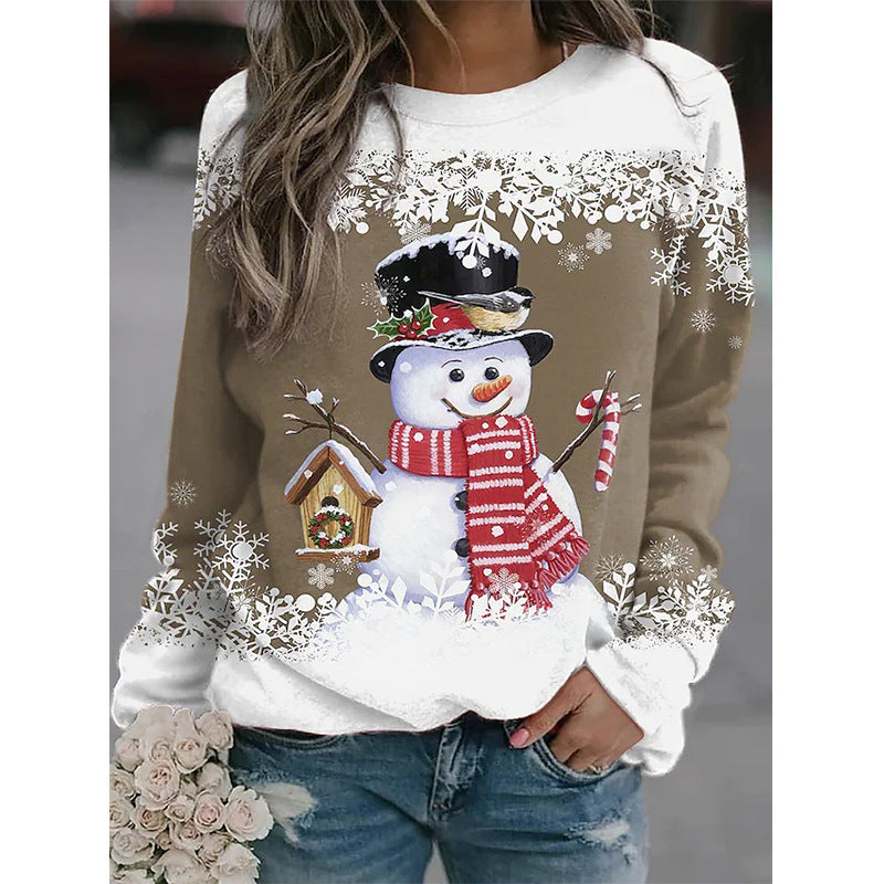 Christmas Round Neck Women's Hot Snowman Print Women's T-Shirt Autumn And Winter Loose Hoodie