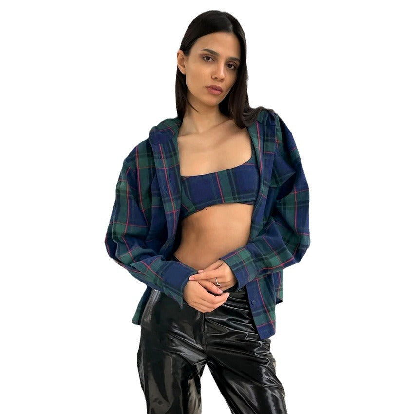 Oversize Hooded Plaid Shirt Frosted New Spring Fashion Woman