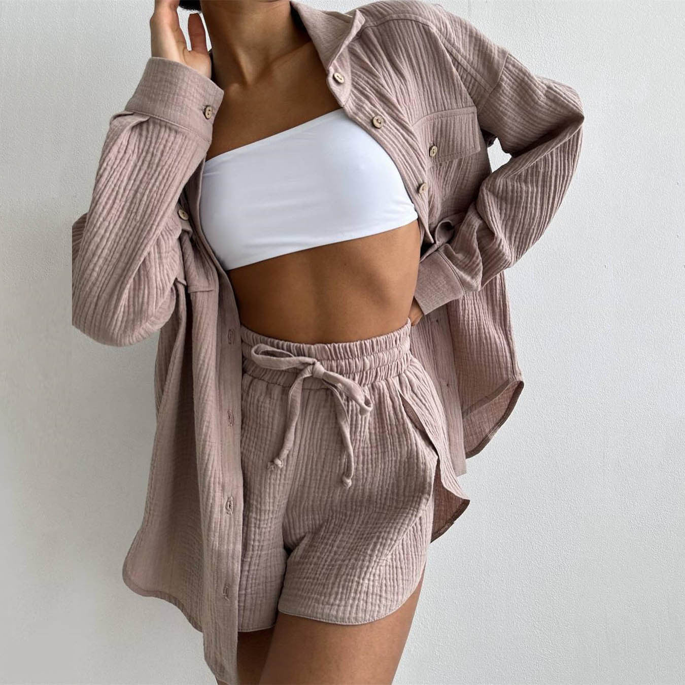 Women's Spring Lapel Loose Shirt High-Waisted Shorts Two-Piece Fashion Casual Suit