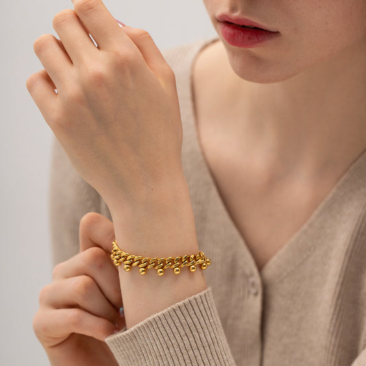 5pcs Design 18K Gold Stainless Steel Cuban Chain Round Bead Fringe Bracelet Jewelry Trend