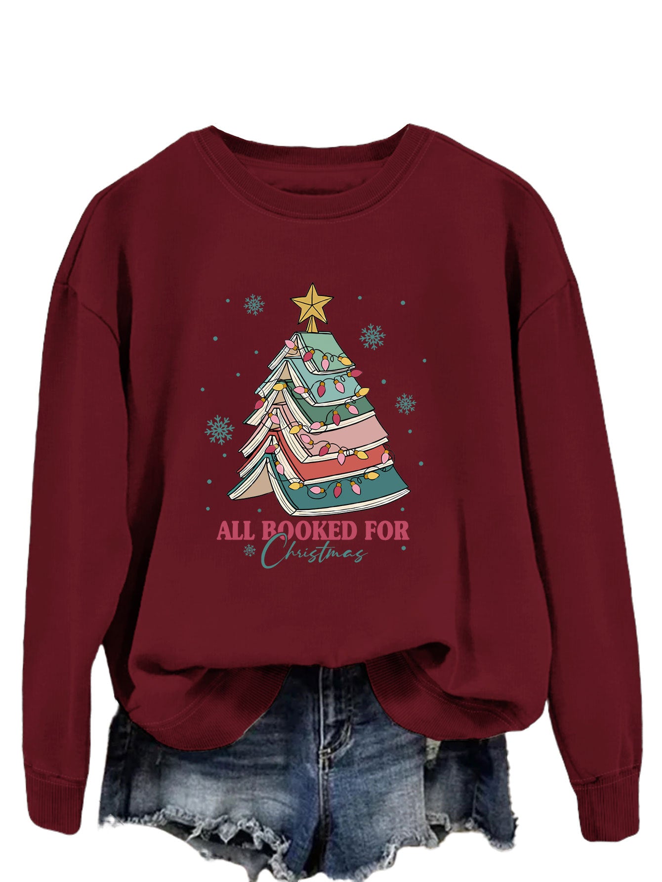 All Booked For Christmas Letters Fun Printed Casual Crew-Neck Hoodie
