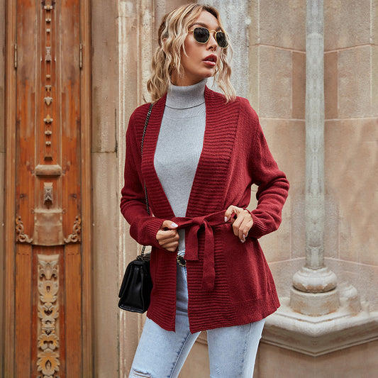 Women's Autumn Red Loose Long-Sleeved Preppy Sweater Coat