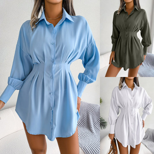 Wind Autumn Winter Casual Lantern Sleeve Tucked Waist Asymmetrical Dress Shirt Dress Women's Dress