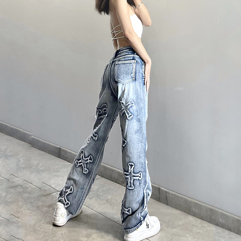Fashion Personality Letter Stick Straight Leg Jeans Street Spice Loose Straight Leg Slacks