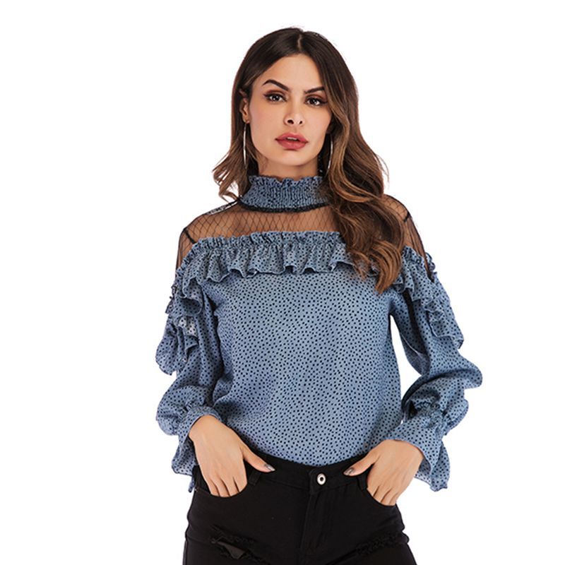Chiffon Polka Dot Women's Top Autumn New Trumpet Sleeve Mesh Stitching Ruffled Edge