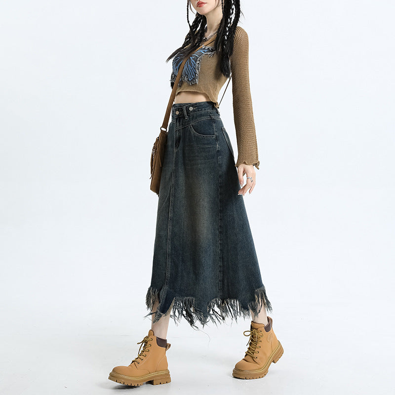 Vintage Fringe Slit High Waist Skirt Women's New Autumn Loose Skinny Long Skirt A Line Wrap Hip Denim Skirt
