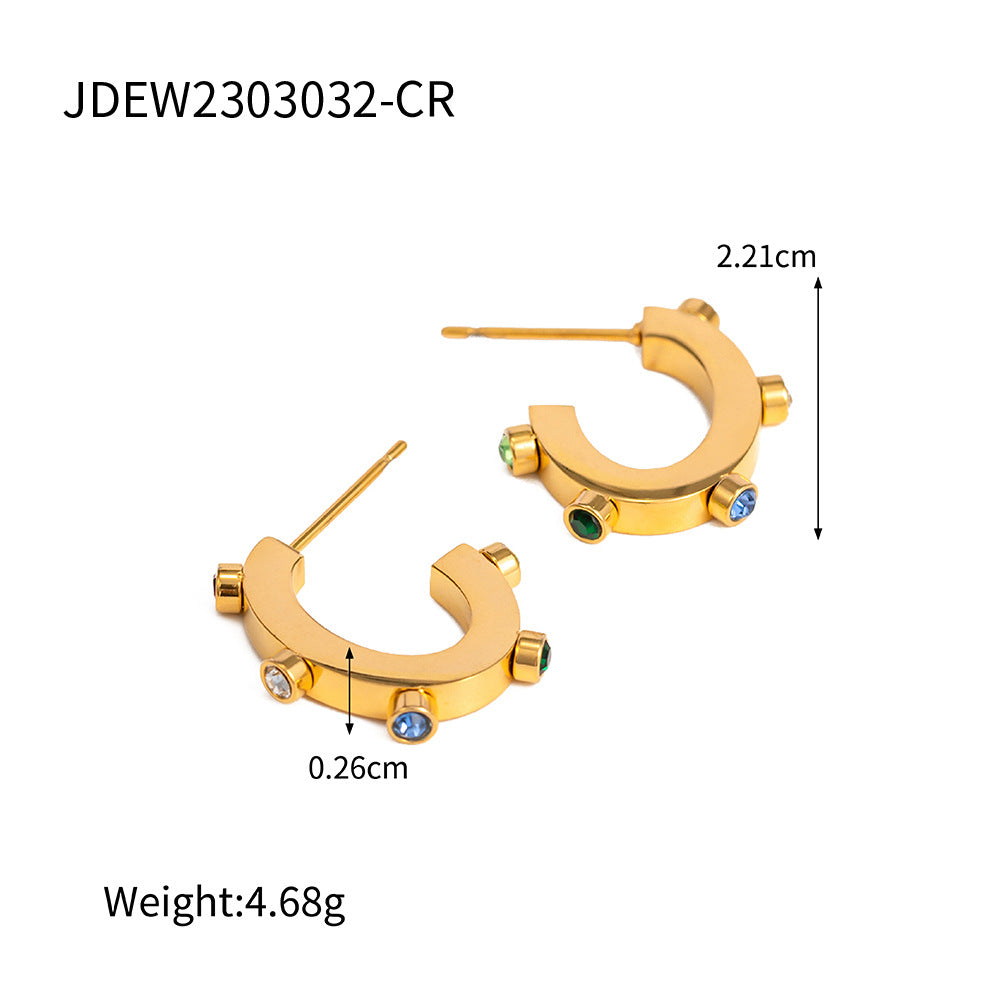 5pcs Over-The-Top Design 18K Stainless Steel Colored Diamond C-Shaped Stud Earrings With Titanium Steel Earrings