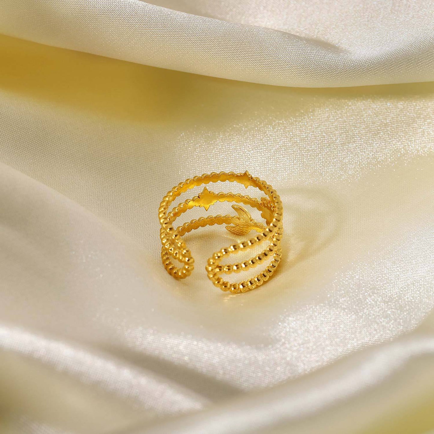 5pcs Hot Three-Layer Starmoon Open Ring 18K Gold Plated Stainless Steel Women's Popular Jewelry Ring