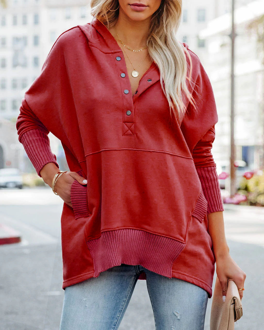 Autumn And Winter New V-Neck Hooded Multi-Color Bat Sleeve Hoodie Loose Thread Stitching Top Woman