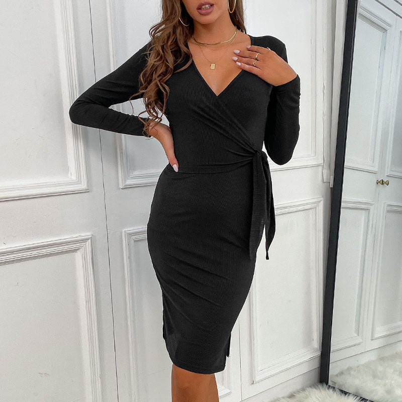 Fashion Women's Slim-Fit Bottom Skirt Long-Sleeved Black V-Neck Dress