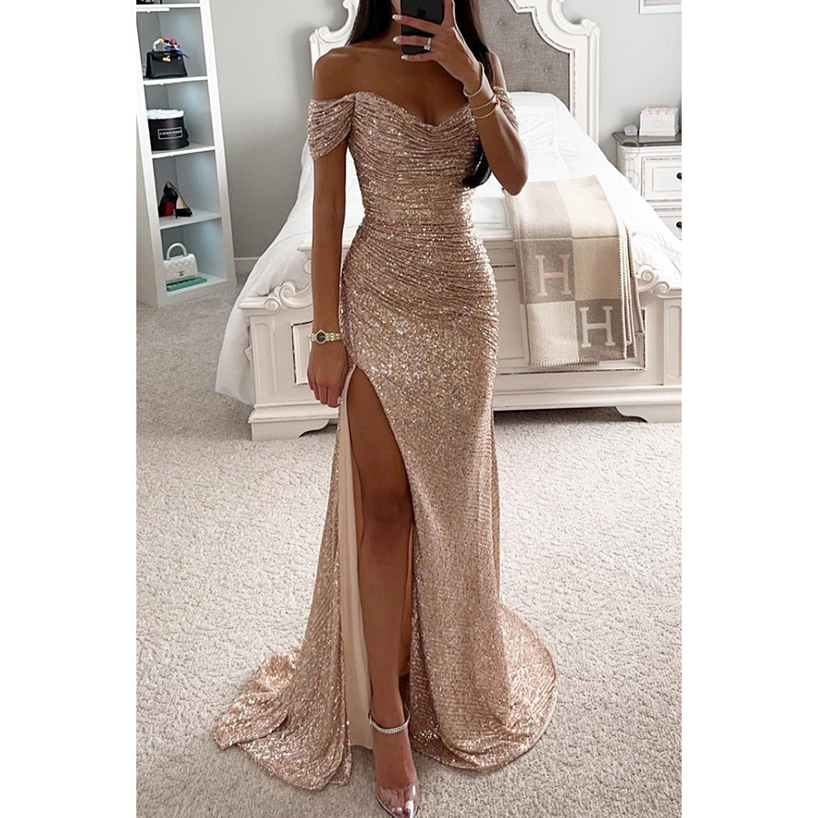 New Party Sequin One-Line Neck Slit Dress Casual Fashion Dress For Women