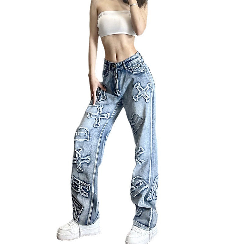 Fashion Personality Letter Stick Straight Leg Jeans Street Spice Loose Straight Leg Slacks
