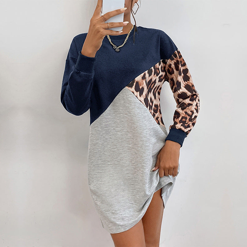 New Autumn New Fashion Women Long-Sleeved Leopard Hoodie Dress