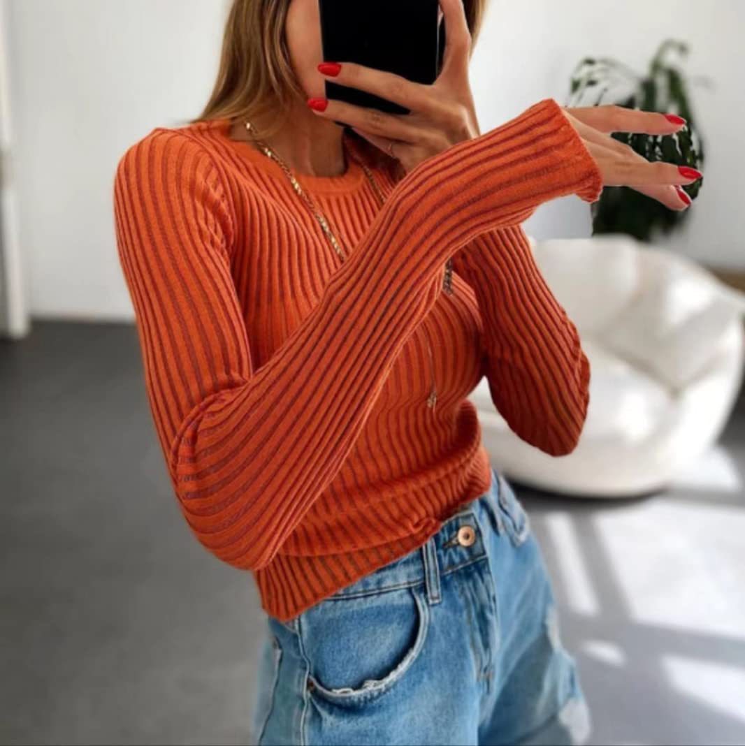 Spring And Summer New Solid Color Long Sleeve Pit Strip Round Neck Breathable Top For Women