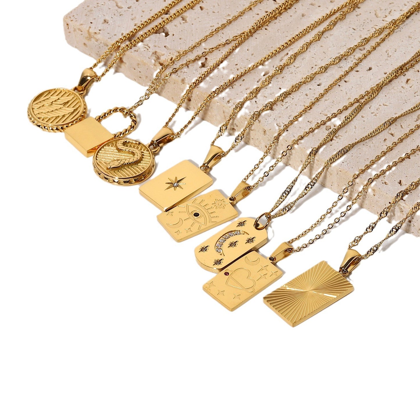 5pcs New 18K Gold Plated Stainless Steel Necklace Fashion Personality Necklace Square Tarot Stamp Pendant Necklace Jewelry