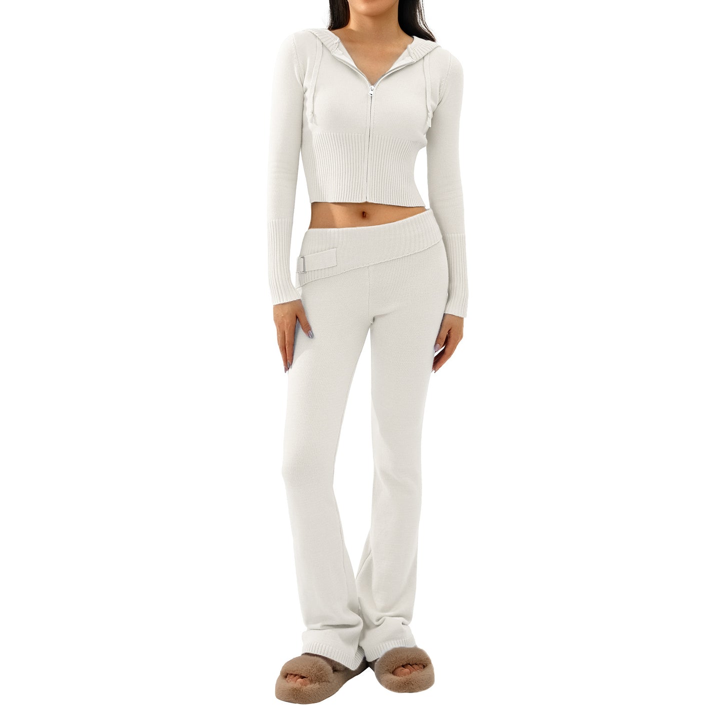 New Knitted Hooded Women's Fashion Sexy High-Waisted Long-Sleeved Trousers Two-Piece Set