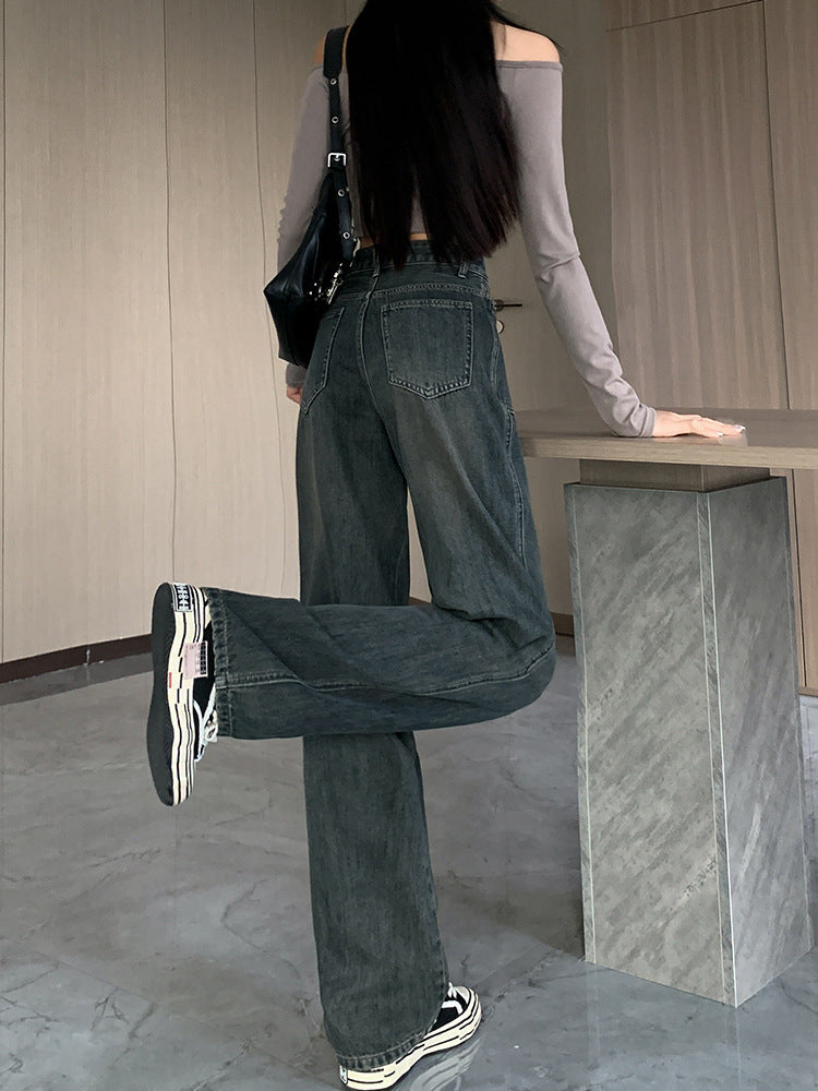 Jeans Women Spring And Autumn High-Waisted Trousers Small Cement Grey Slimming Slimming Narrow Version Straight Leg Wide Pants Lengthened