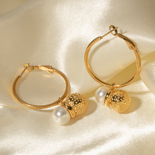 5pcs Temperament Fashion 18K Gold Stainless Steel Hammer Pearl Ball Pendant Earrings Earrings Titanium Steel Accessories