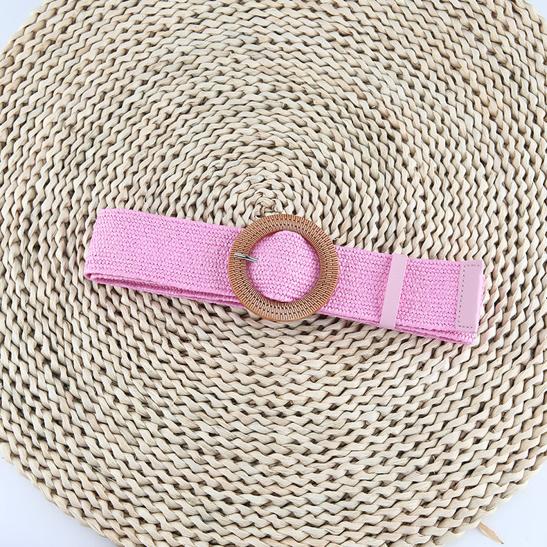Cotton Hemp Wind Pp Grass Woven Belt For Women Round Square Buckle Dress Gown Decoration Belt