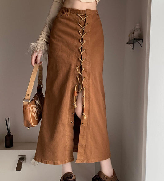 Big Size Fat Mm Retro Brown Denim Skirt Female Autumn New Spice Girl Strap Design Feeling Wrapped Hip Skirt