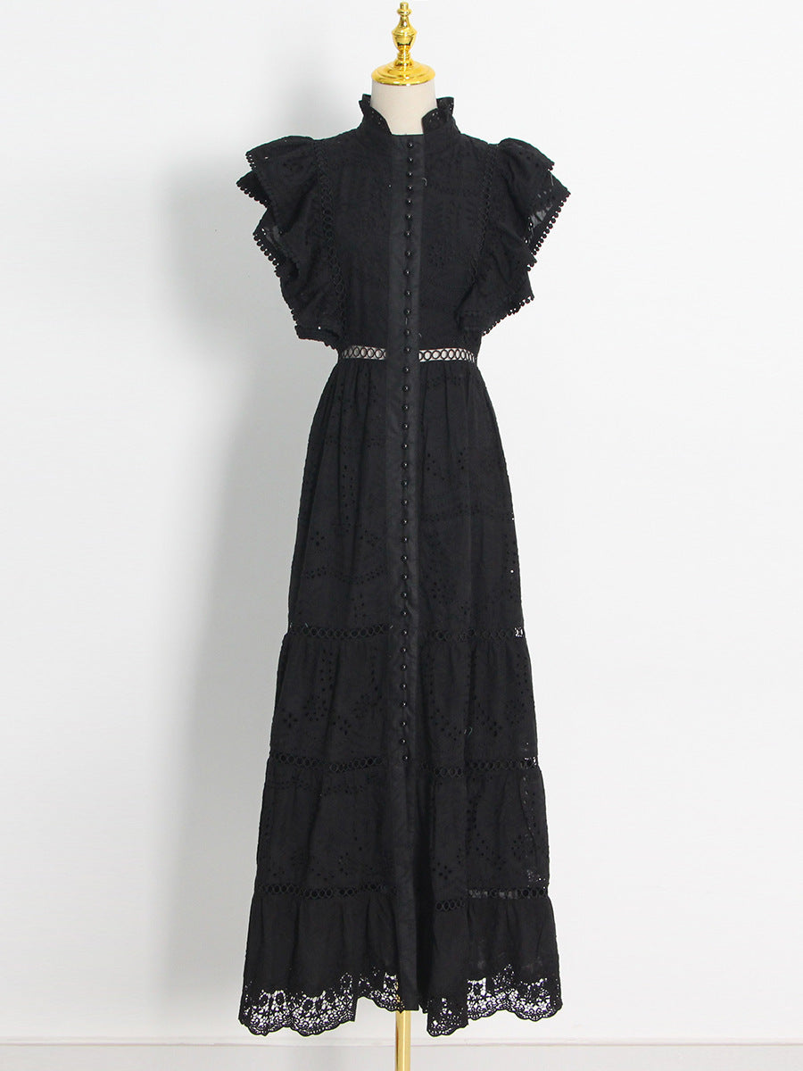 Fashion Solid Color Long Dress Spring New Fashion High-Neck Sleeveless Hollow Embroidery Dress