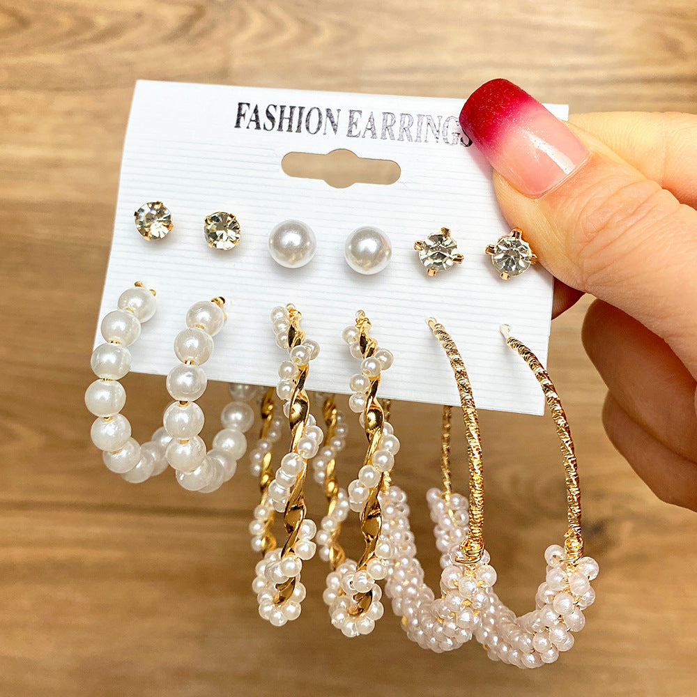 5 Sets New Pearl Earrings Set for Women Retro Metal Geometric C-Shaped 5 pairs Earrings