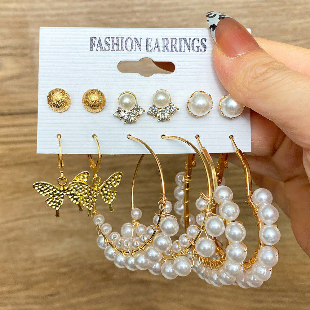 5 Sets New Pearl Earrings Set for Women Retro Metal Geometric C-Shaped 5 pairs Earrings