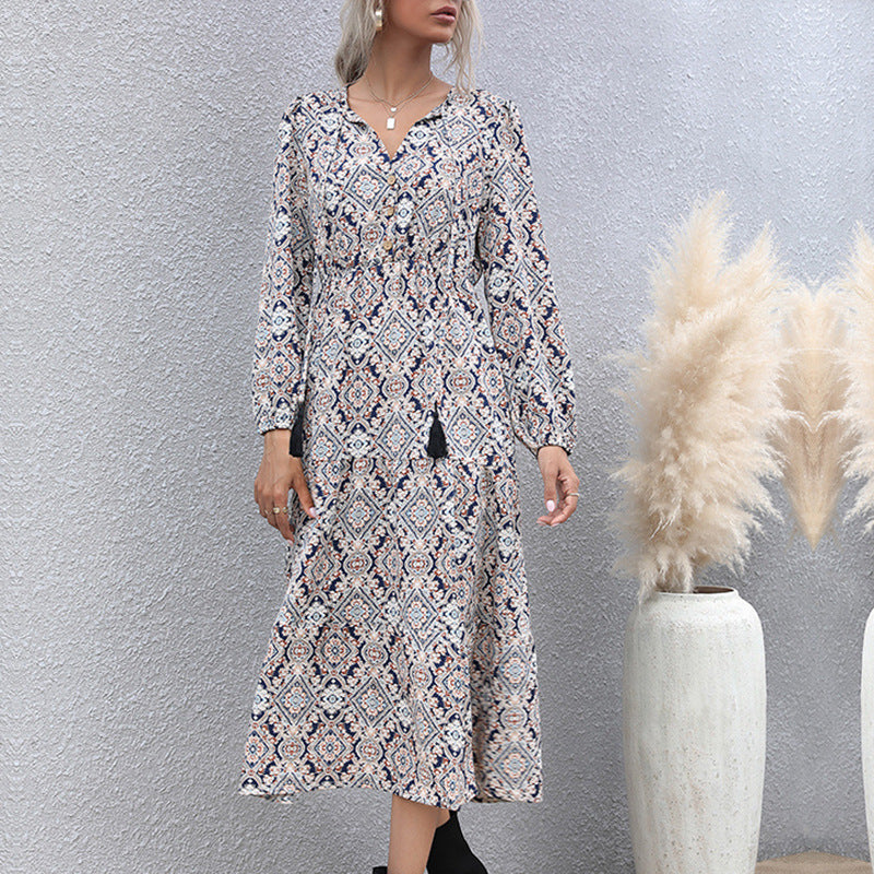 V-Neck Long Sleeve Print Dress with a Stylish Side Slit for Women