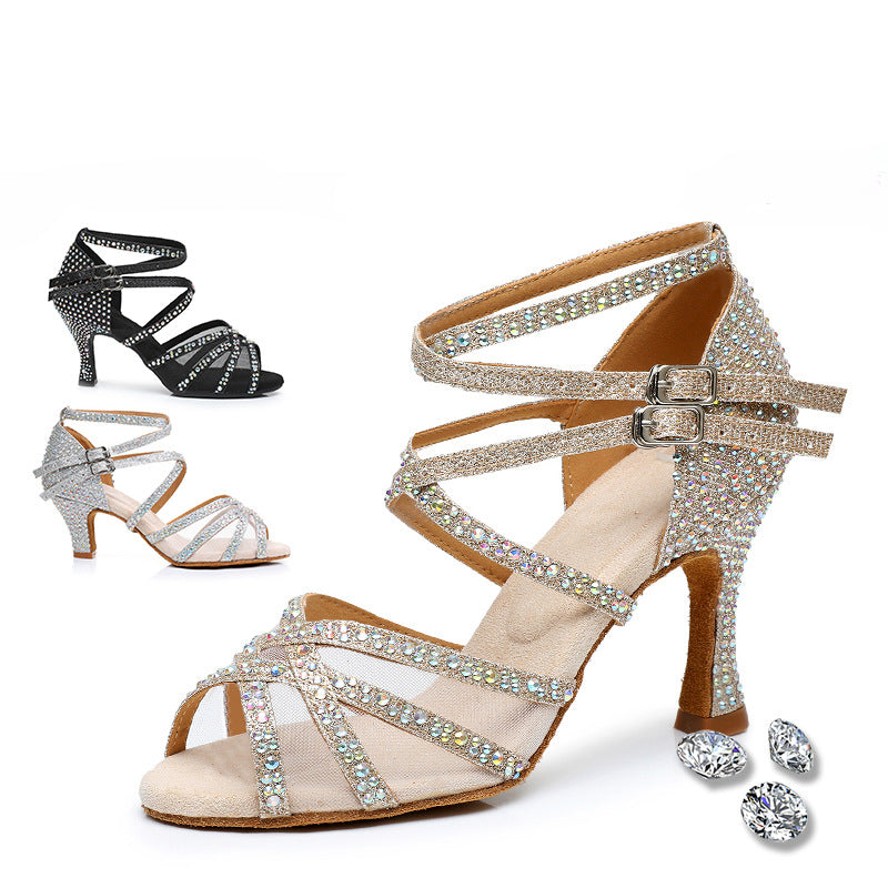Summer New Diamond Latin Dance Shoes Female Adult Authentic Sandals Professional Soft Soled Dance Shoes High Heels