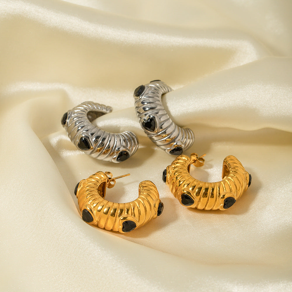 5pcs 8K Gold Stainless Steel Zircon Inlaid Black Zircon Bread C-Shaped Earrings Temperament Earrings For Women