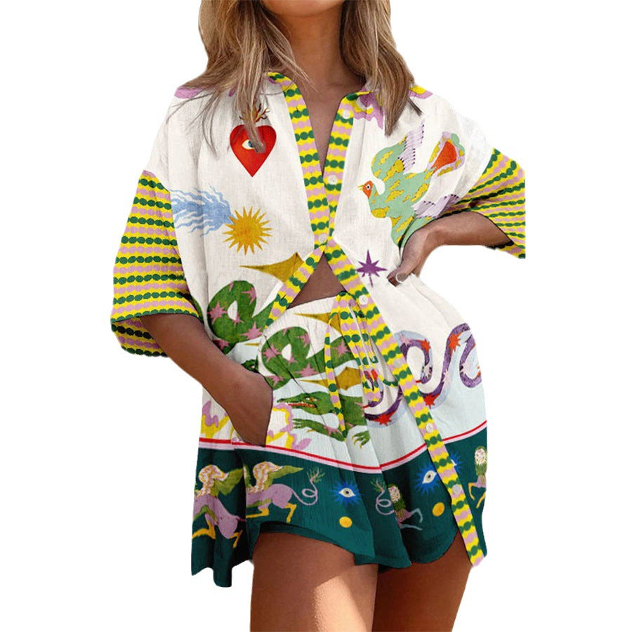 Spring And Summer New Short-Sleeved Shirt Casual Set Loose Vacation Pocket Two-Piece Set For Women