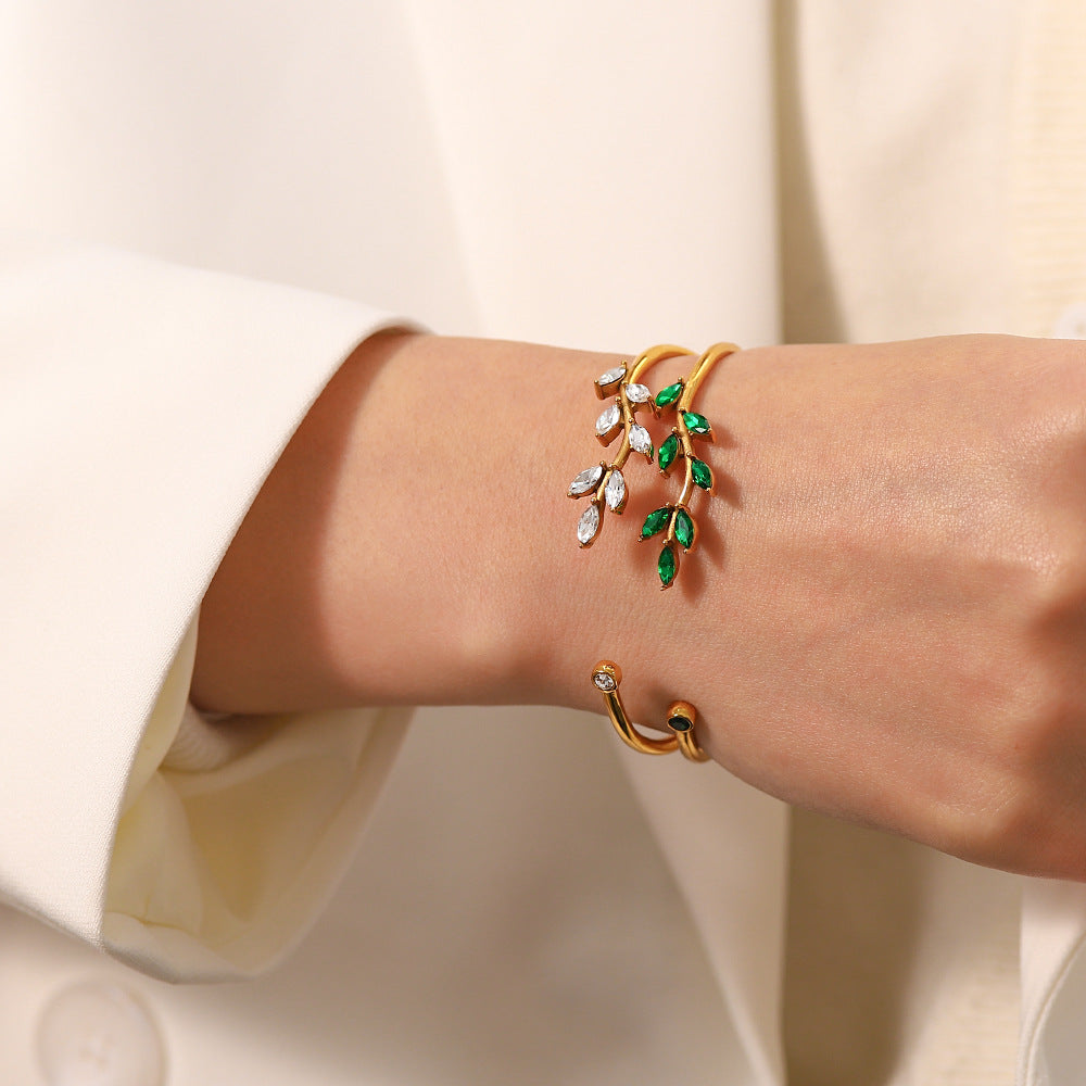 5pcs Fashion New All-Match Titanium Steel Bracelet 18K Gold Electroplated Green Zircon Leaf Open Bracelet Women's Hand Jewelry