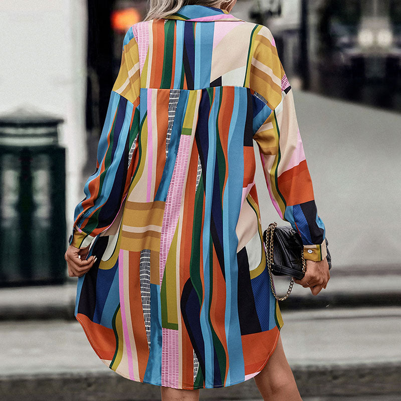 Chic Autumn Style: Color Contrast Long Sleeve Lapel  Shirt Dress