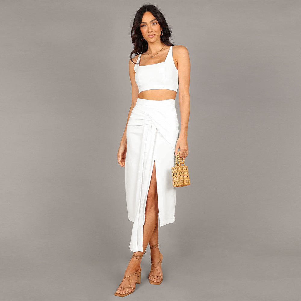Elegant Two-Piece Solid Color Halter Top Sexy Split Skirt Fashion Suit For Women